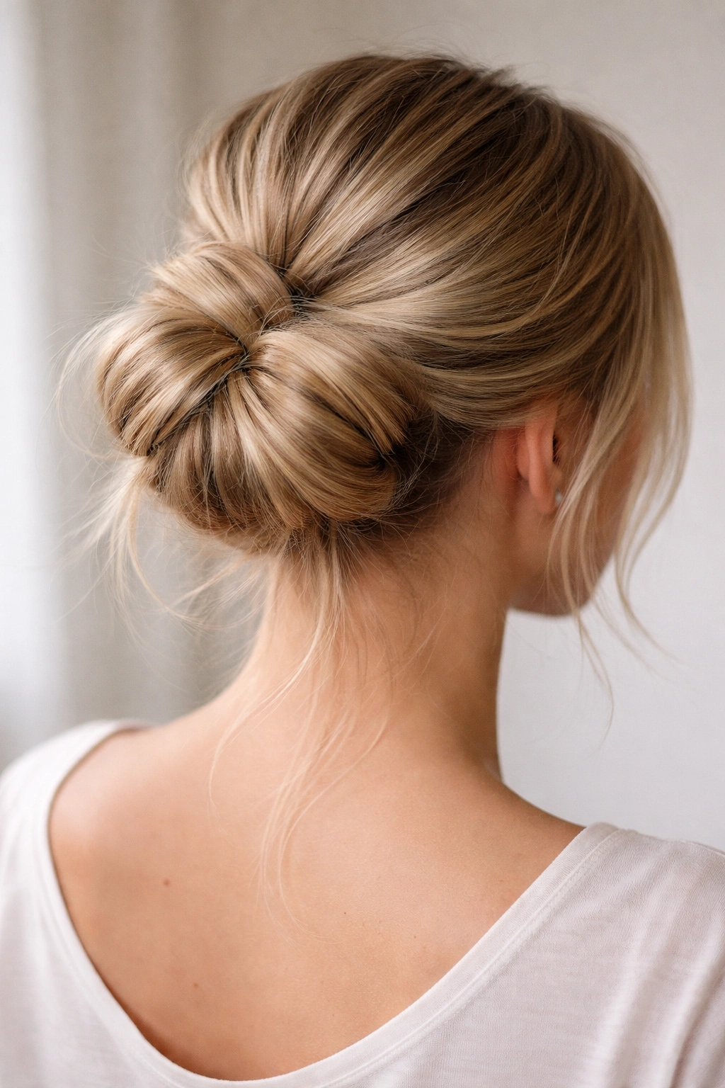 Three-quarter view of two thick twists wrapping around a central ponytail in a neat bun