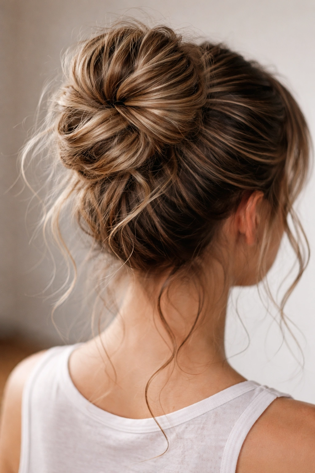 Double-twist bun formed from two loose twists in wavy hair