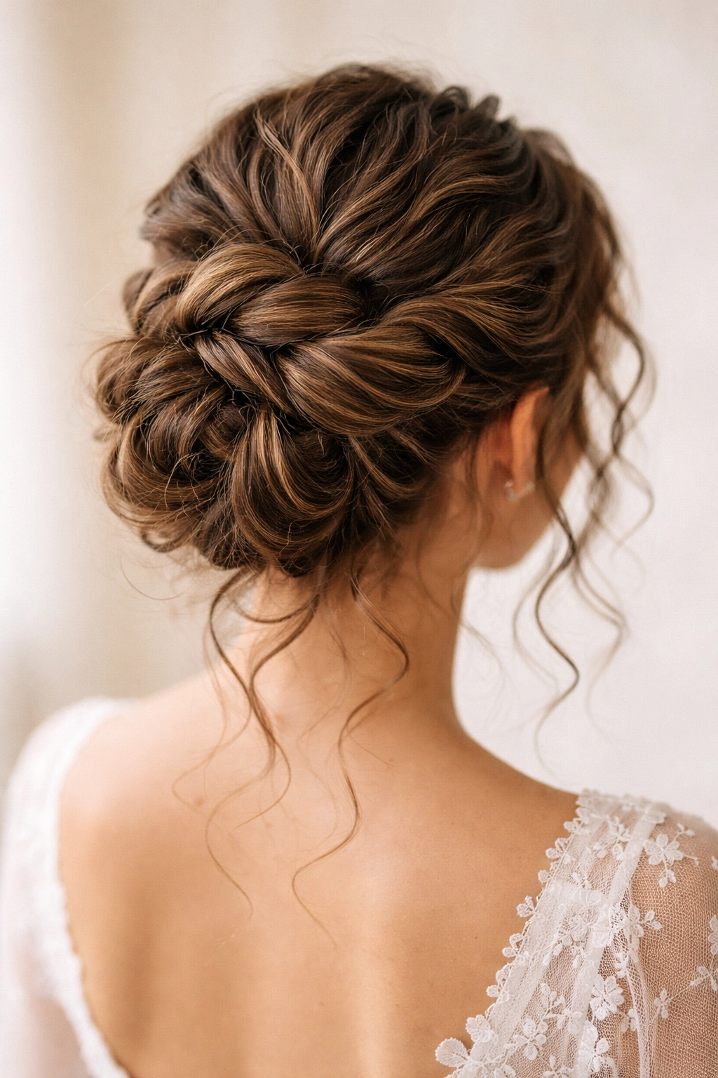 Close-up of a double-twist elevated wedding bun with intertwined twists