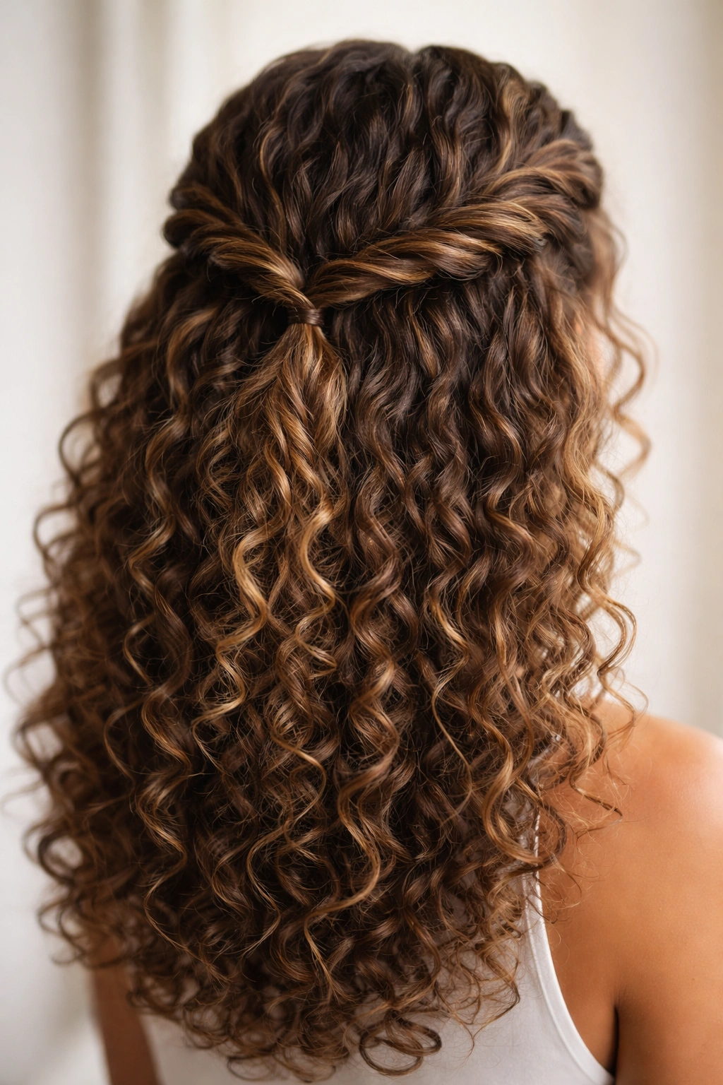 Two symmetrical twists on curly hair joining at the back