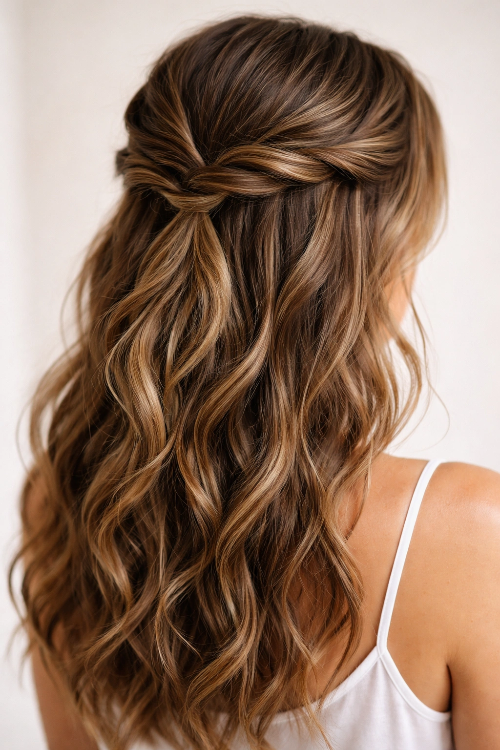 Close-up of double twisted half-up hairstyle with layered crown texture on wavy hair