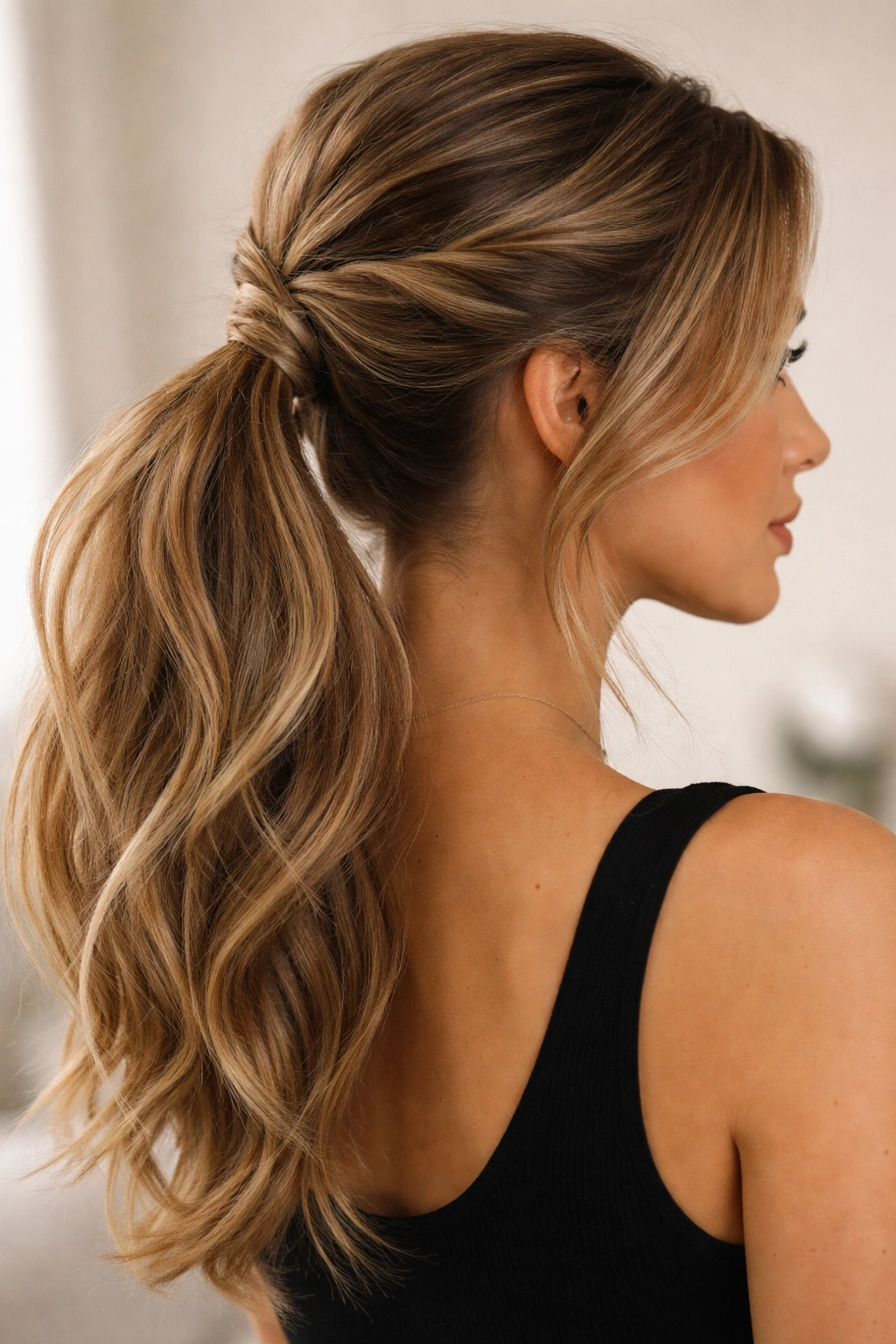 Close-up of two loose twists forming a voluminous mid-length ponytail