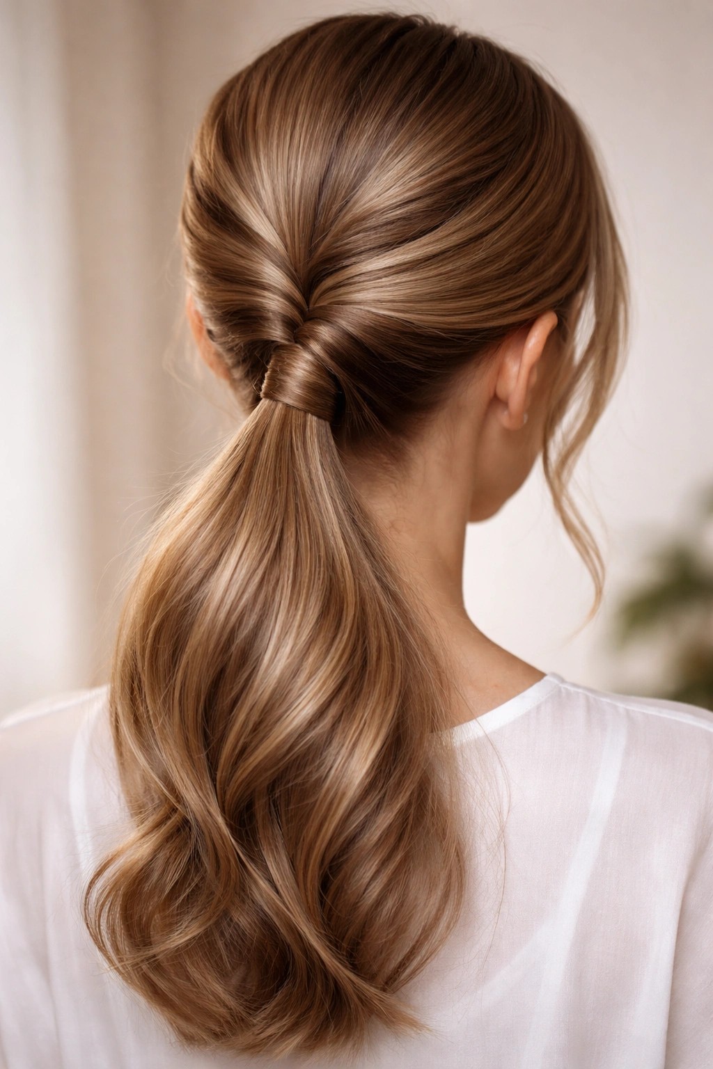 Close-up view of two intertwined twists forming a ponytail at the nape