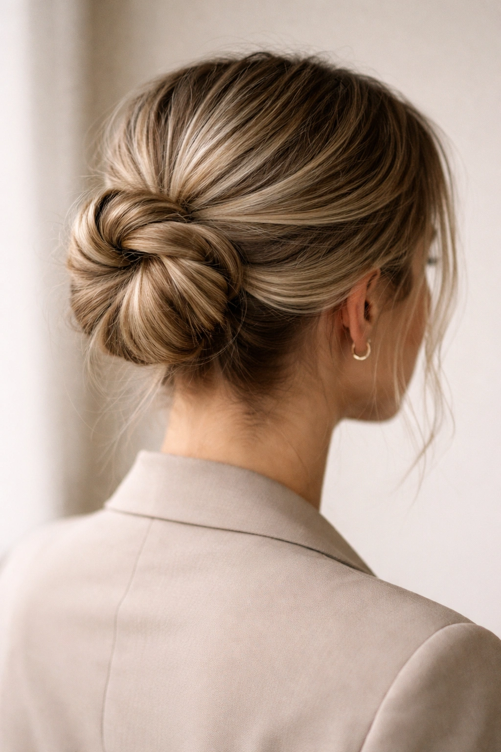 Double-twisted messy bun with rope-like texture for a polished yet casual interview look.