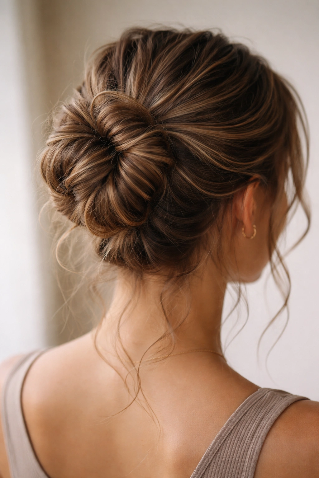 High ponytail twisted into a double twist bun with visible interwoven twists