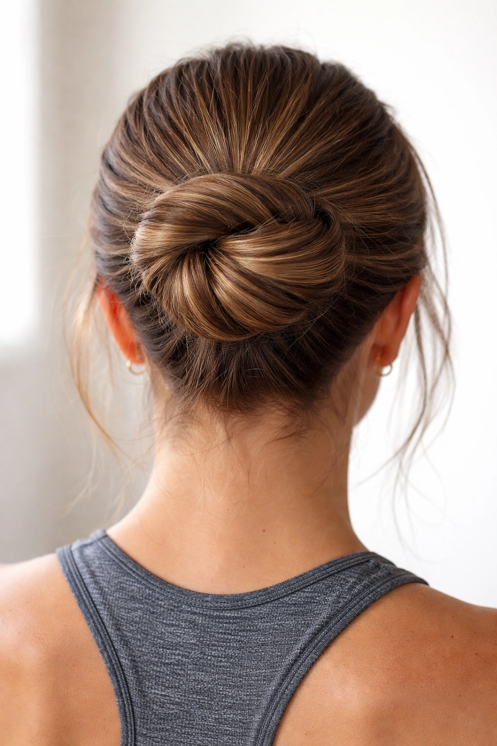 Two twists wrapped around each other forming a compact double-twisted bun