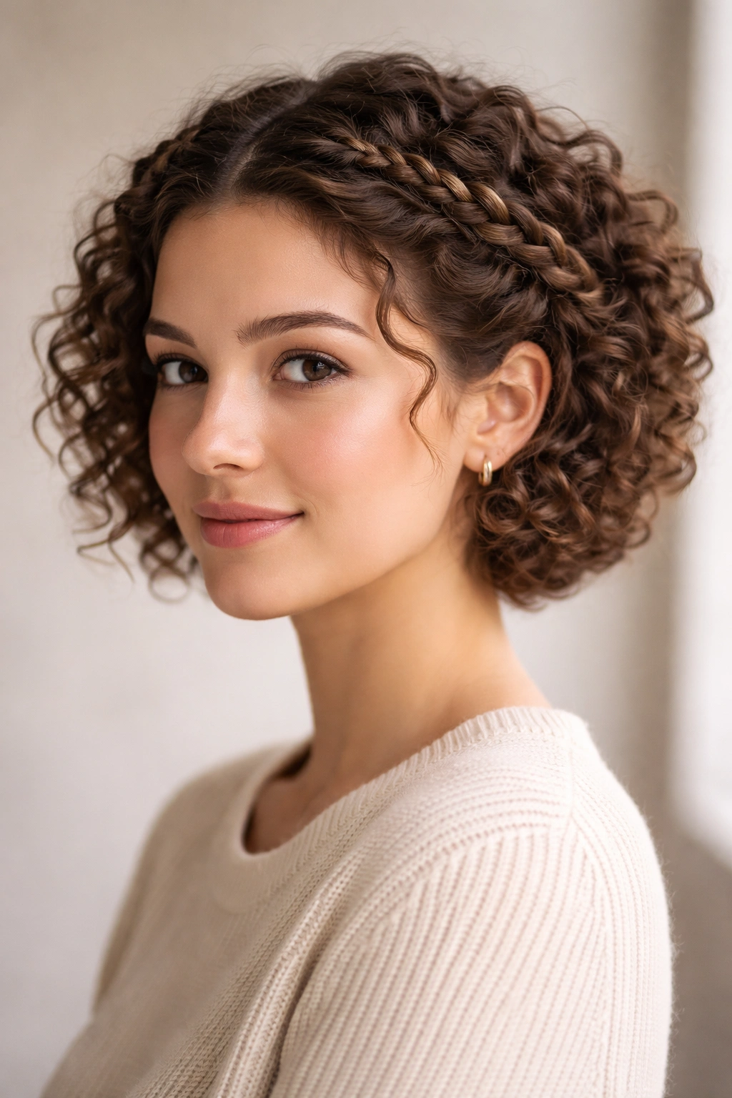 Two rope twists forming a crown around curly hair.