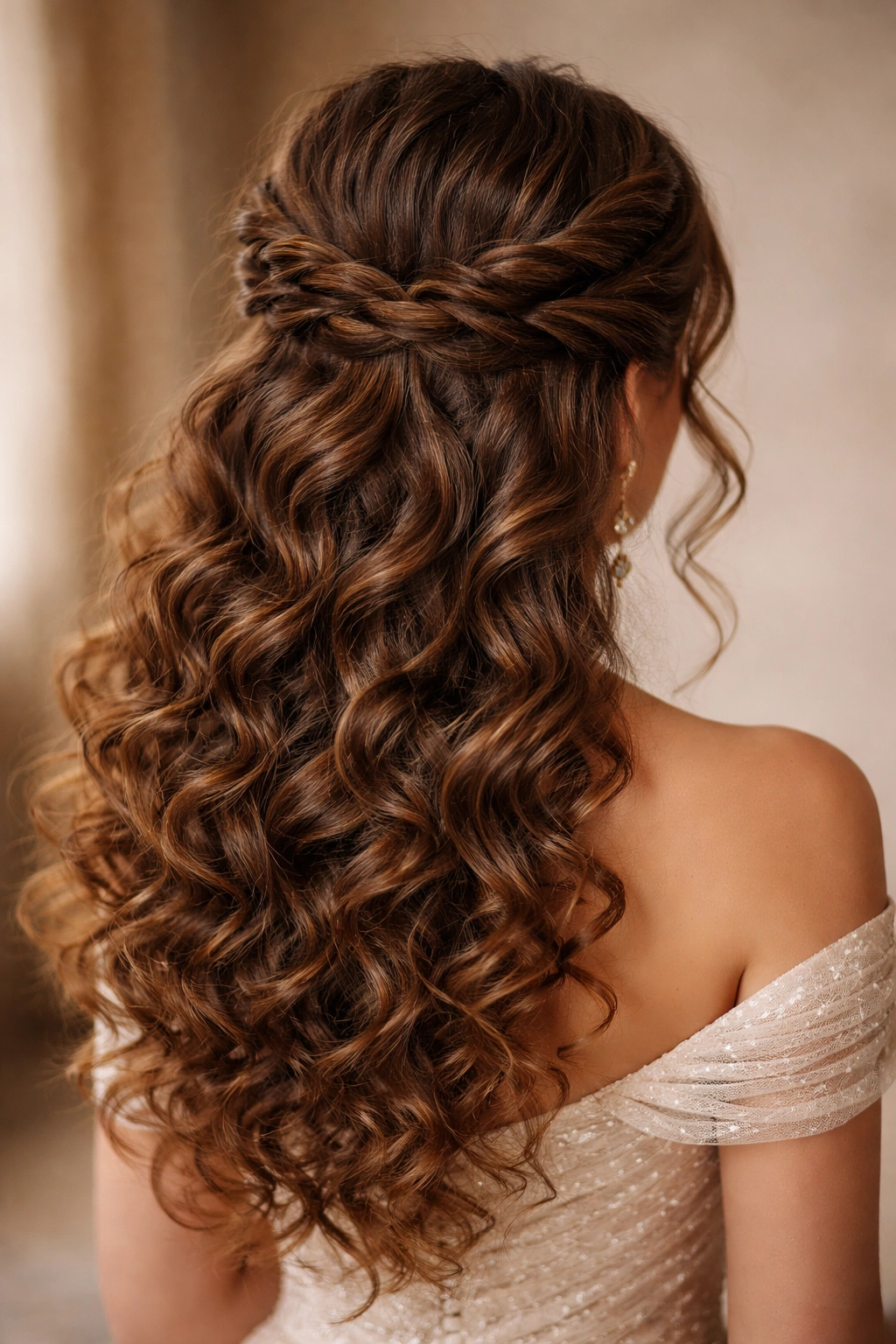 Back-of-head view of a double-twisted crown with cascading curls.