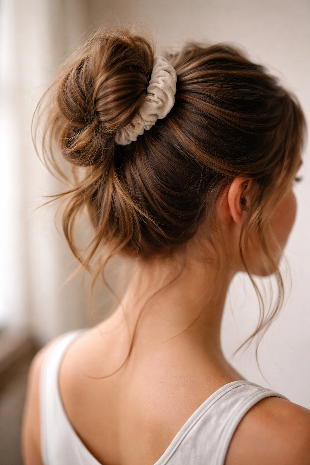 High ponytail wrapped twice to create a thick, layered bun with scrunchie.
