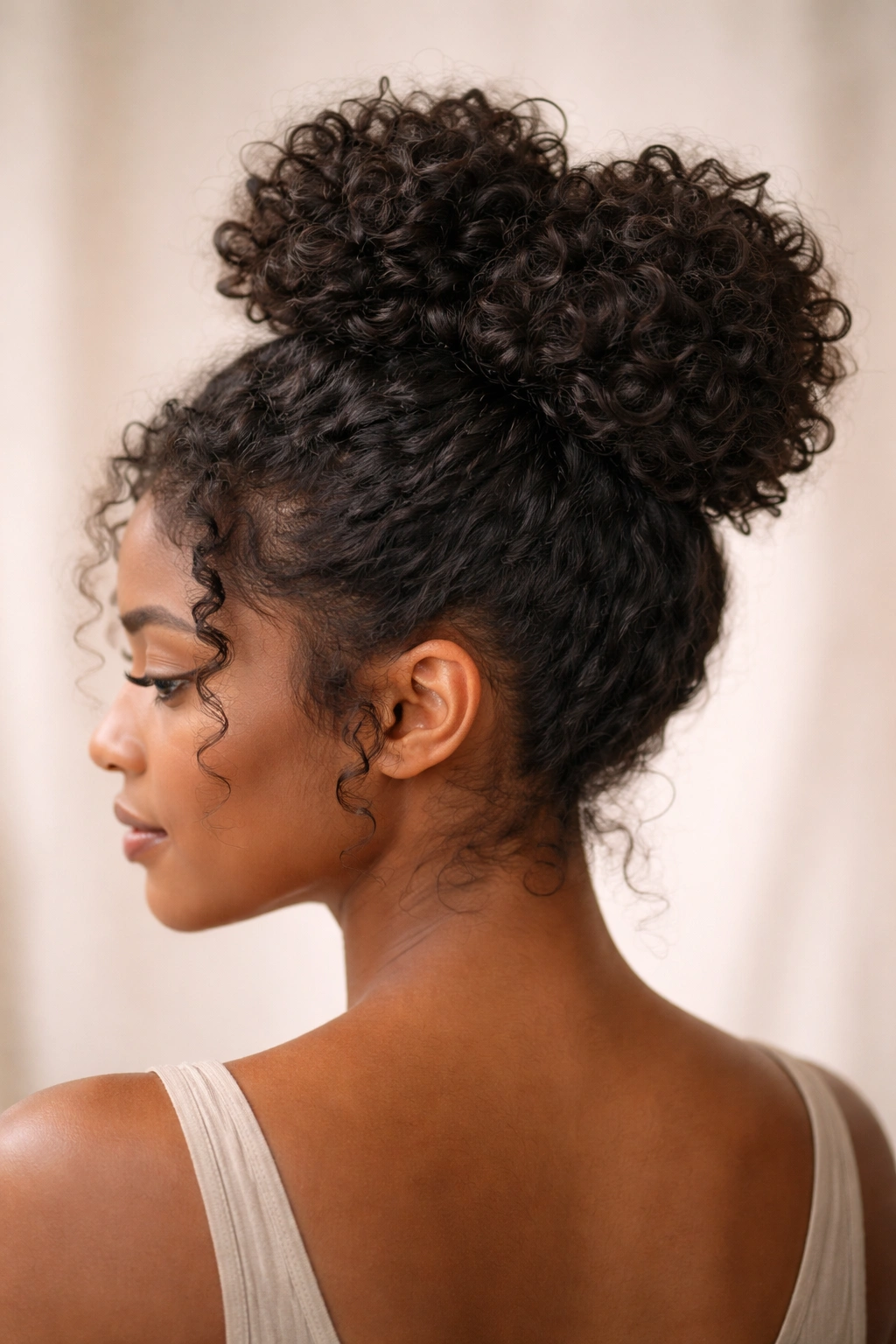 Crown bun with two distinct loops showing curl texture.