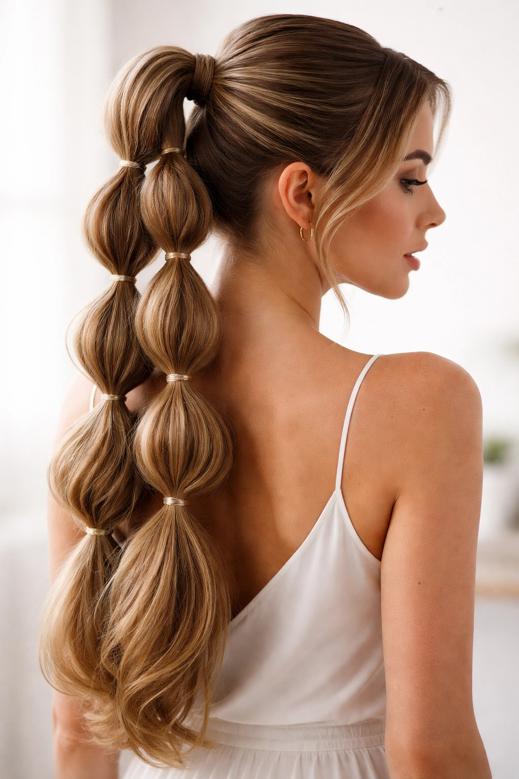 Two parallel bubble braids forming a symmetrical twin ponytail