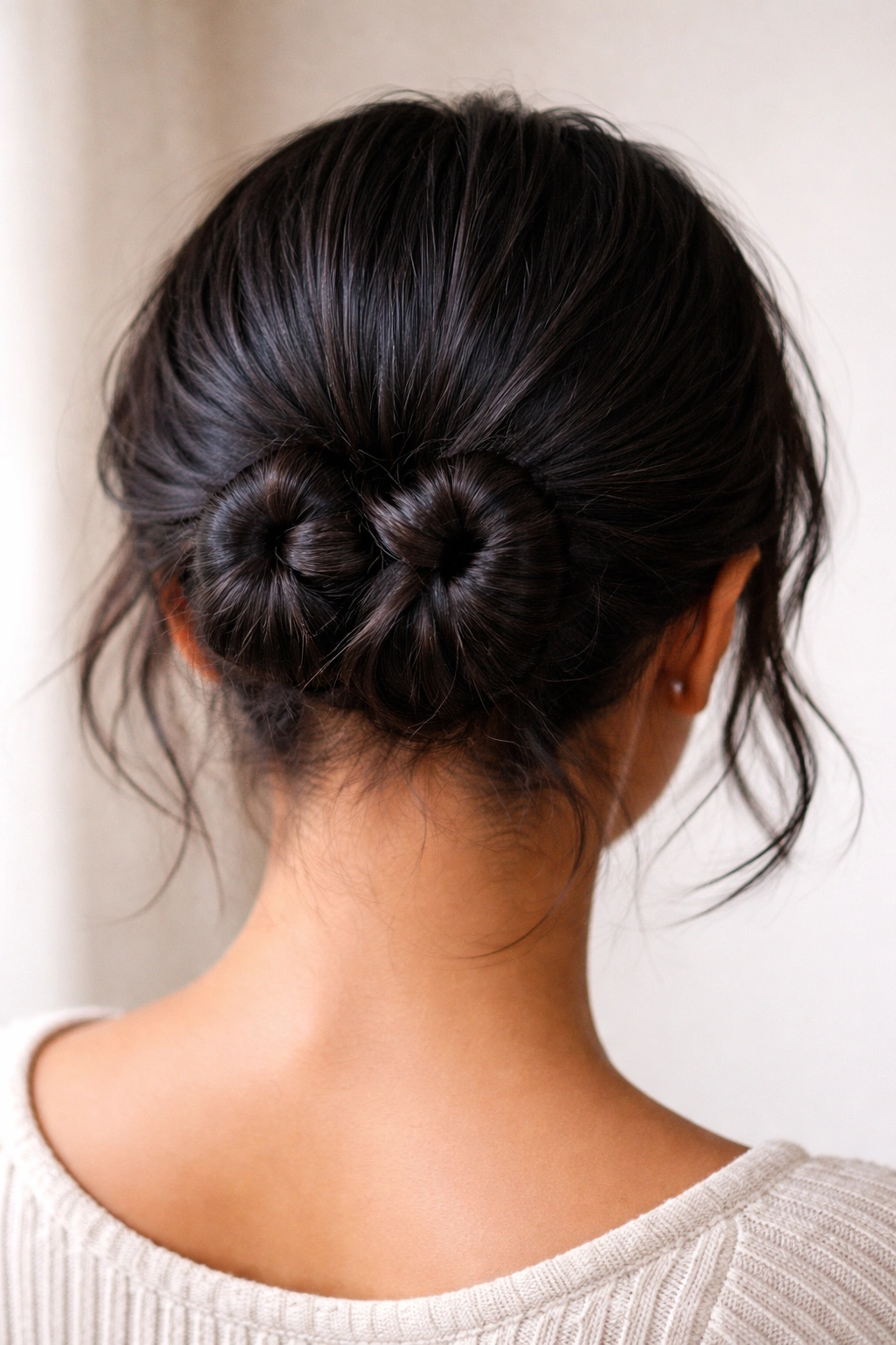 Two small knotted buns at the nape of the neck forming an intertwined pattern