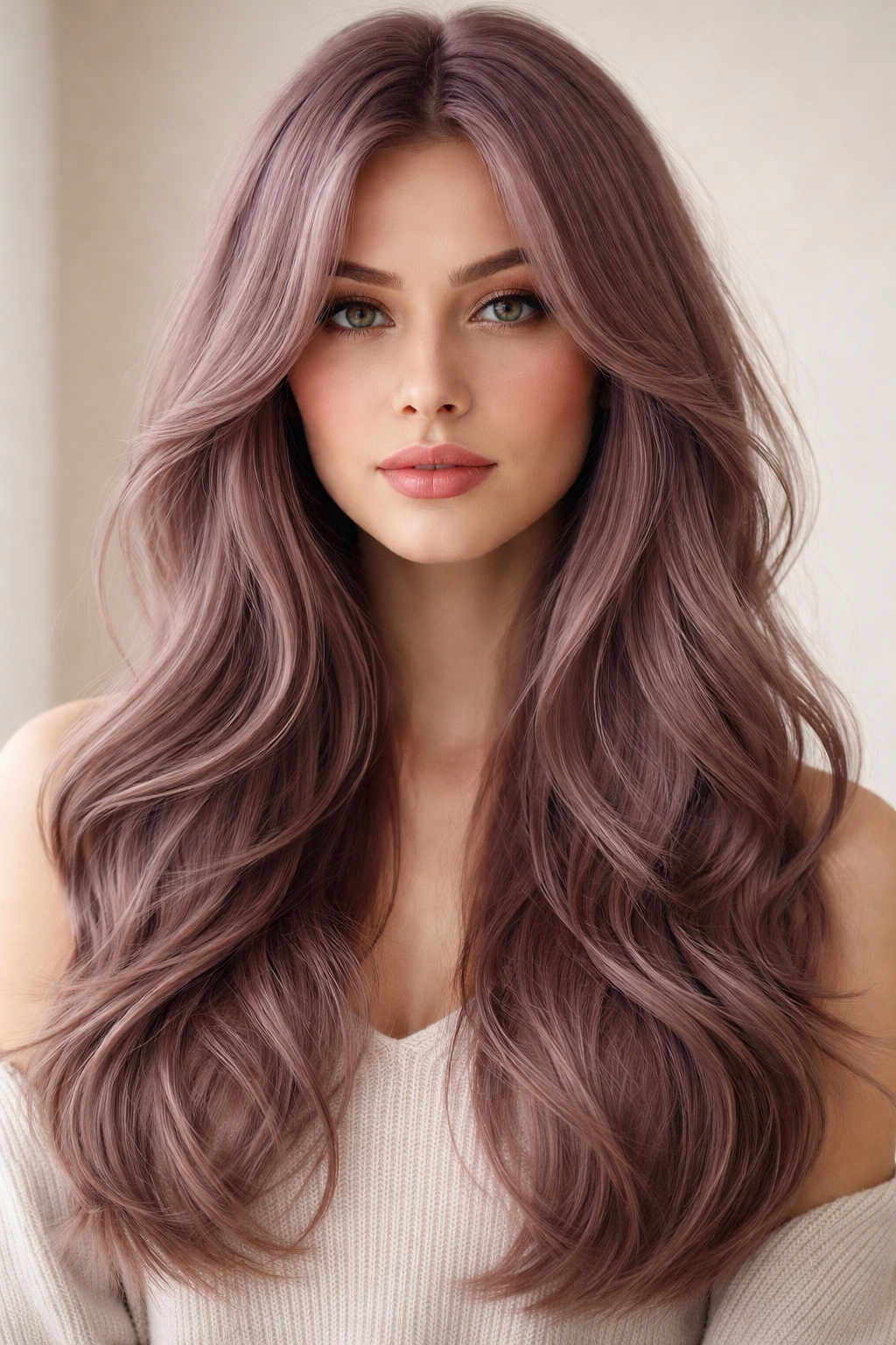 Dusty mauve hair with curtain layers and soft waves