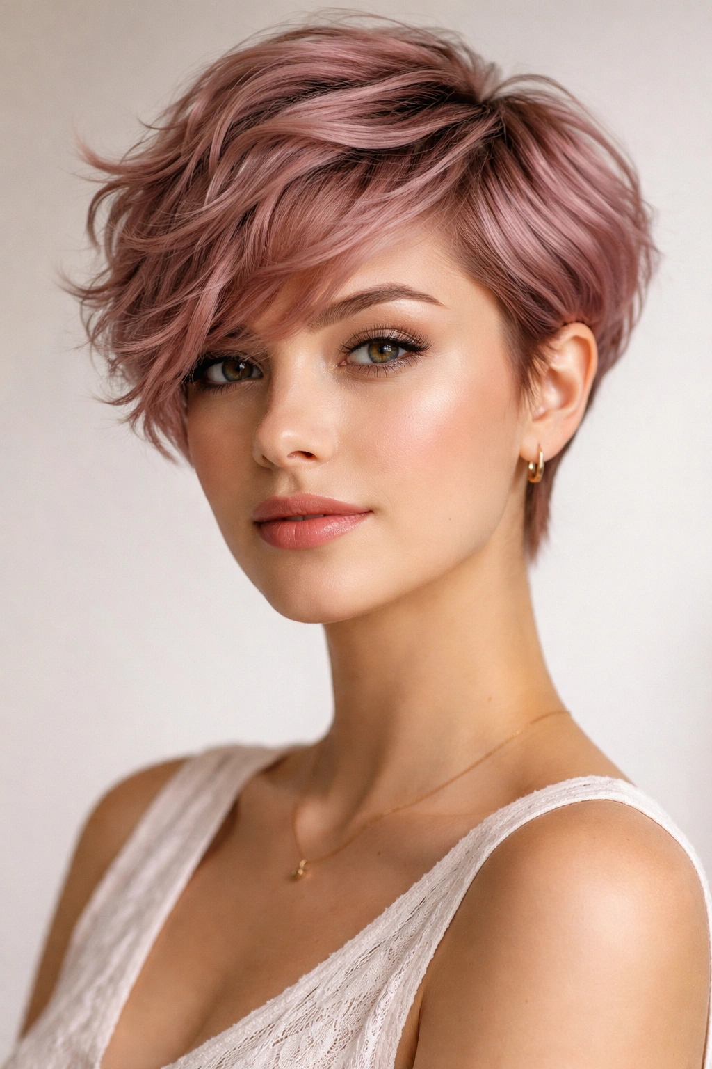 Dusty rose wavy pixie with textured layers