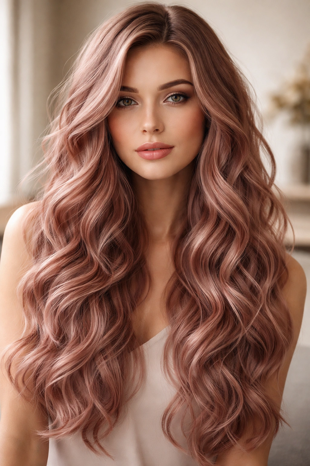 Dusty rose hair with varied wave sizes and dimensional texture in soft studio light