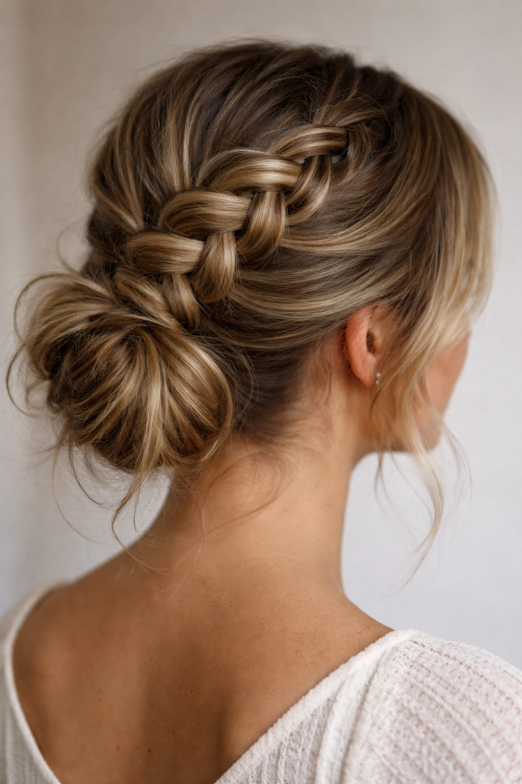 Low bun with a prominent Dutch braid entering a messy bun, braid sits on top of the hair