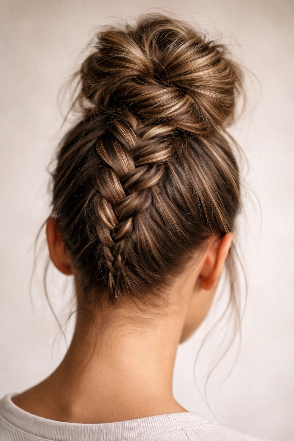 Close-up of a high bun featuring a Dutch braid for added texture and grip