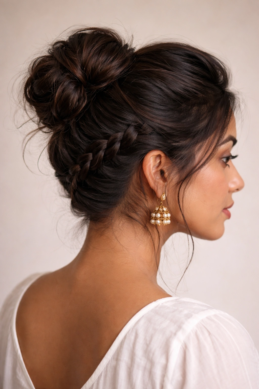 Side profile of a bun with a Dutch braid at the underside