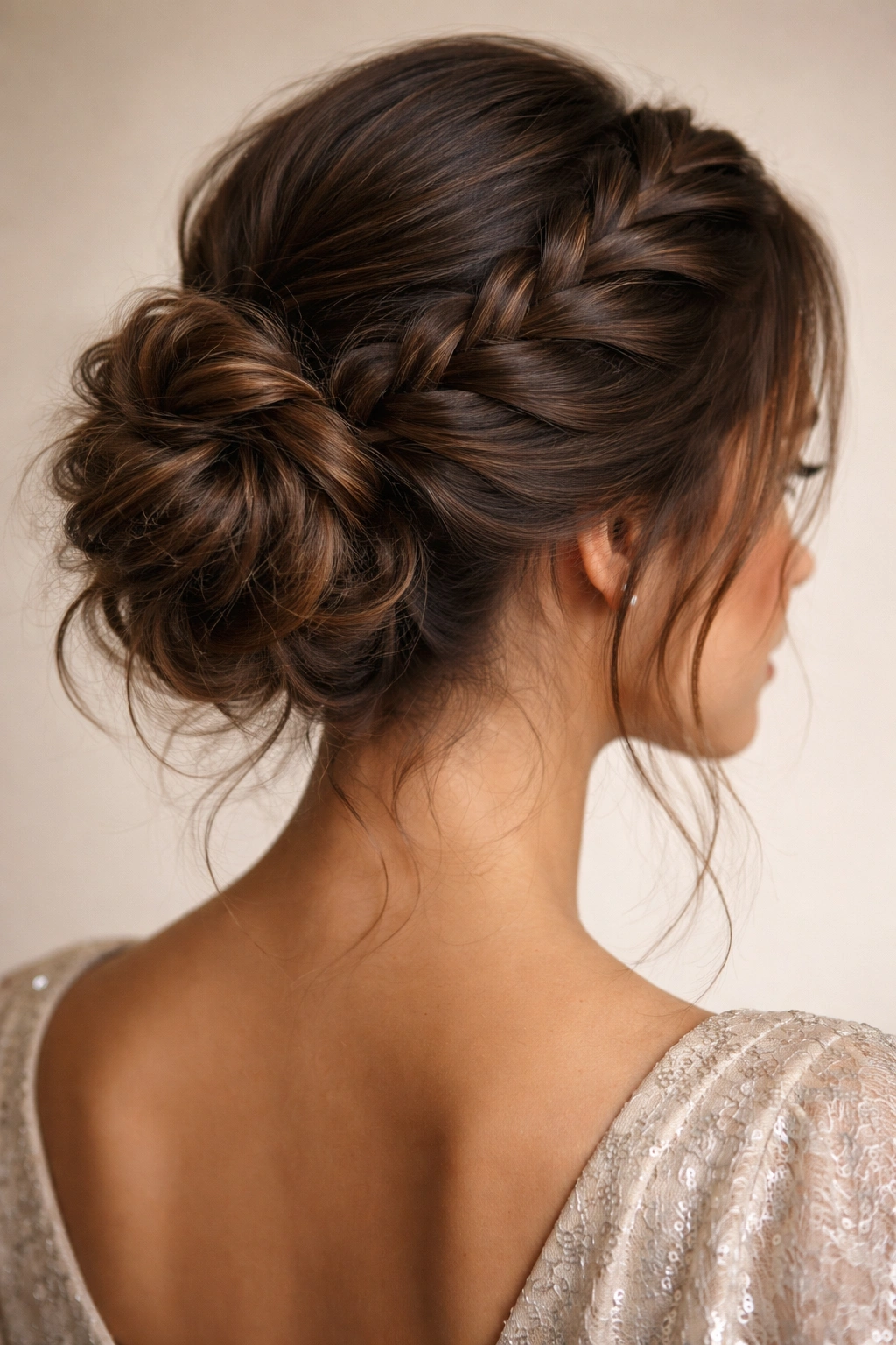 Dutch braided messy bun with a wrapped strand at the base