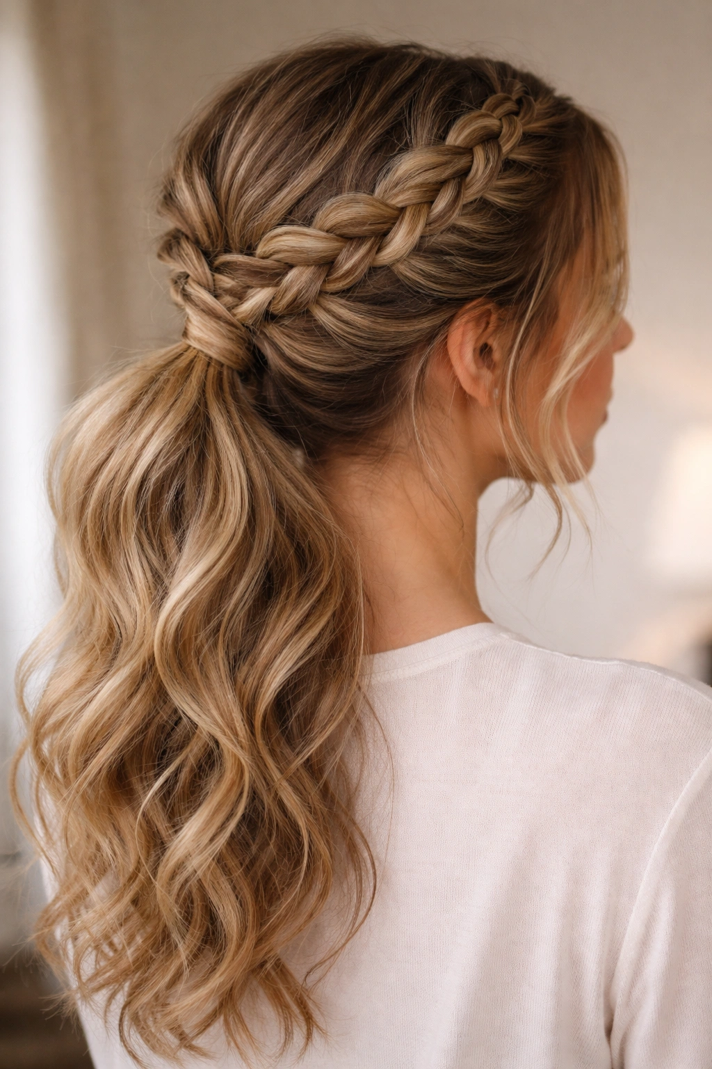 Back view of Dutch braid crown with a low ponytail in wavy hair