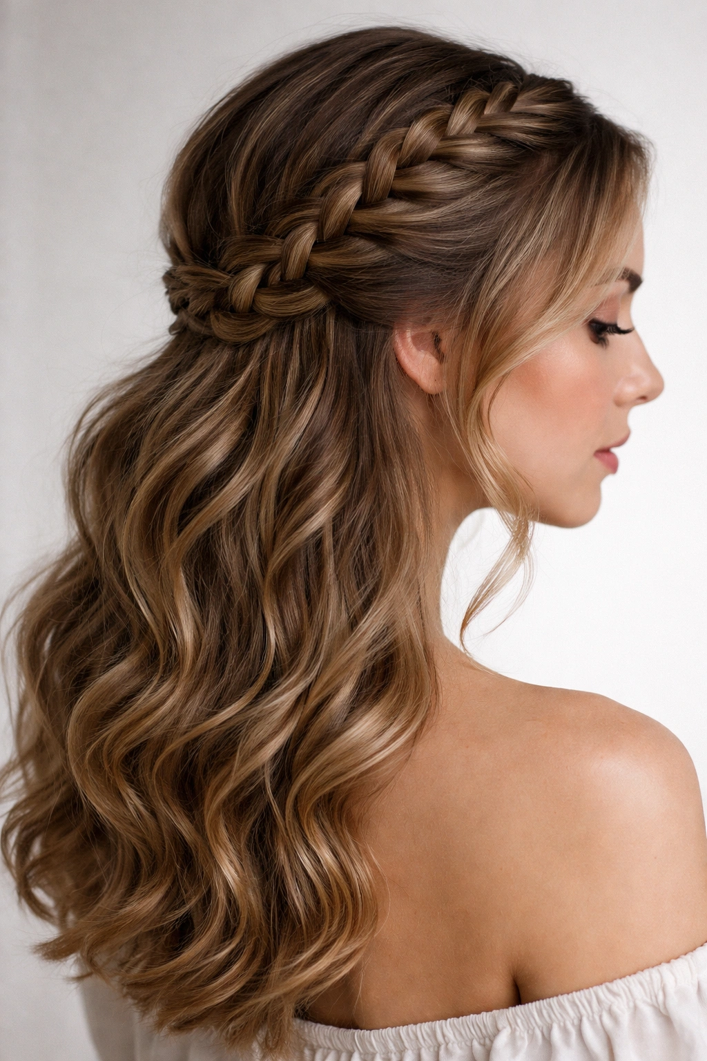 Dutch braid down-do with waves cascading below on side view