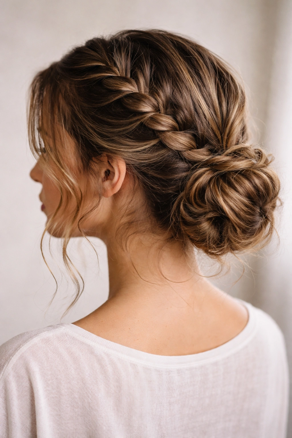 Close-up of a crown Dutch braid leading to a low bun on wavy hair