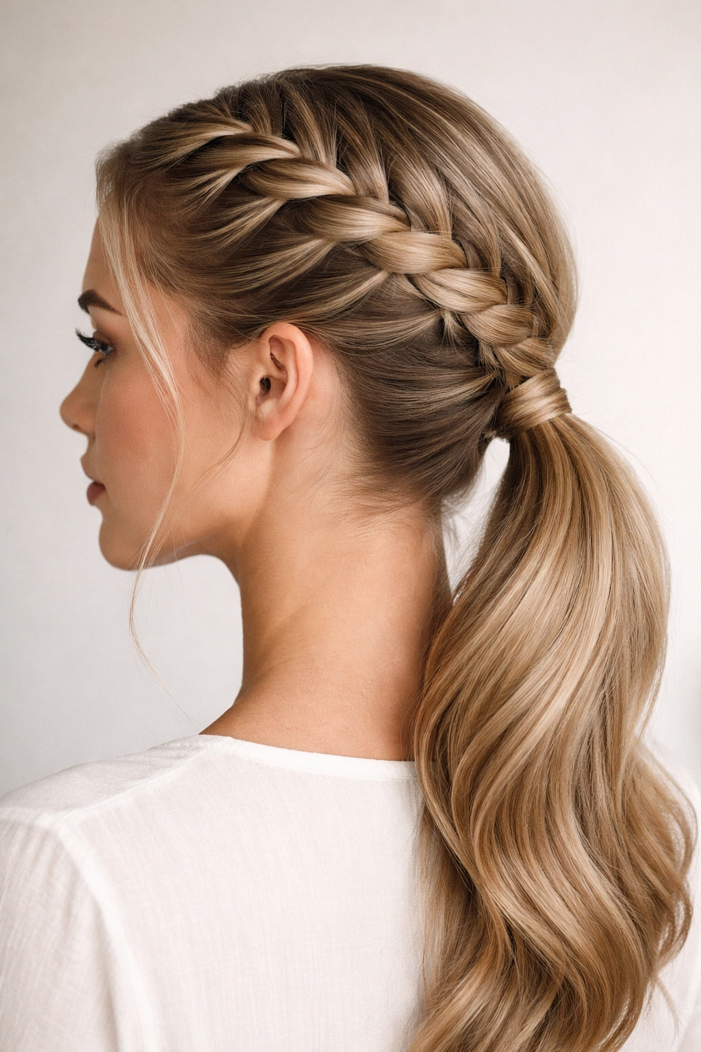 Close-up of a raised Dutch braid along the crown transitioning into a low ponytail.