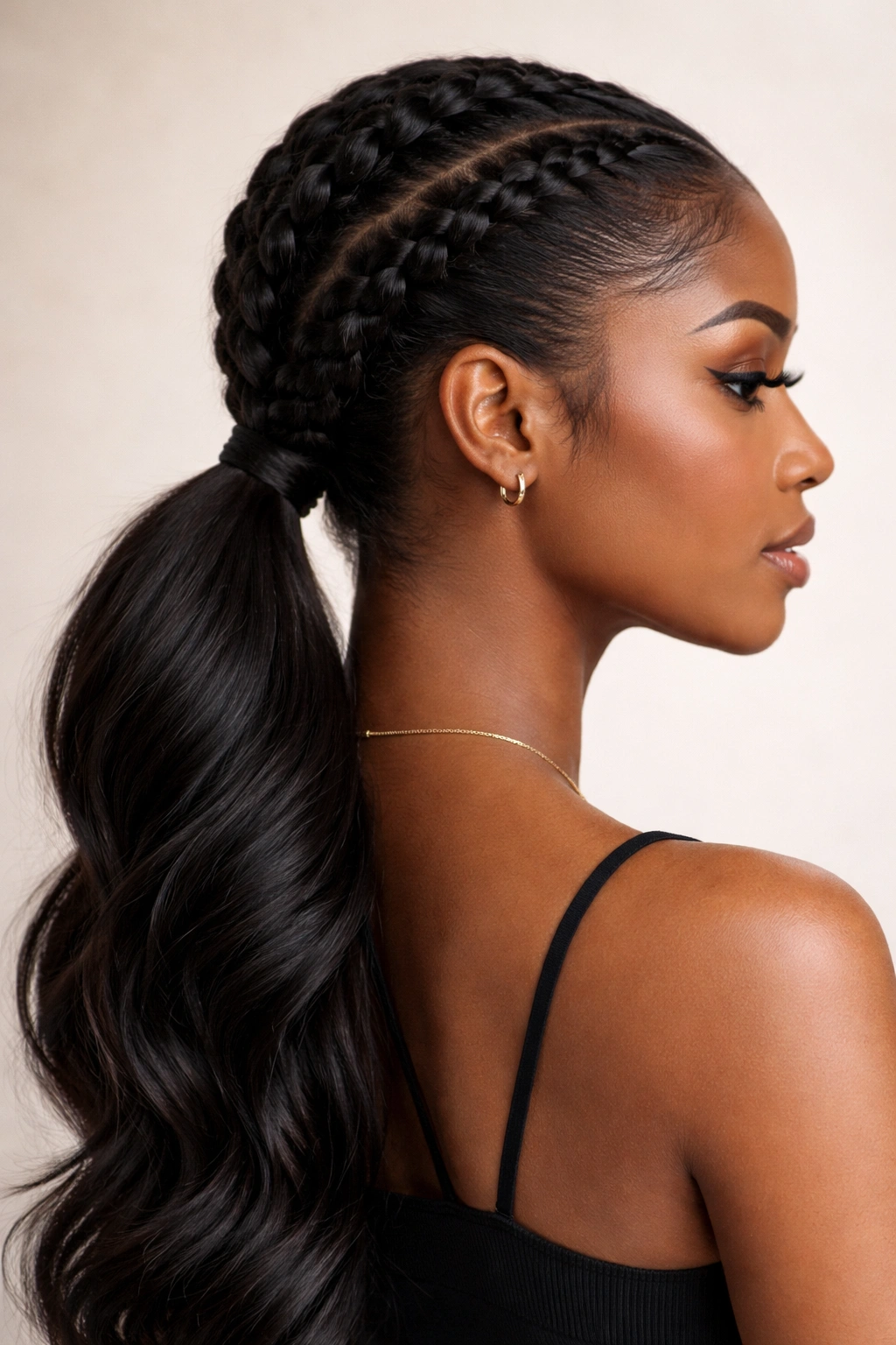 Close-up of a Dutch braid low ponytail showing depth and under-braid shadows