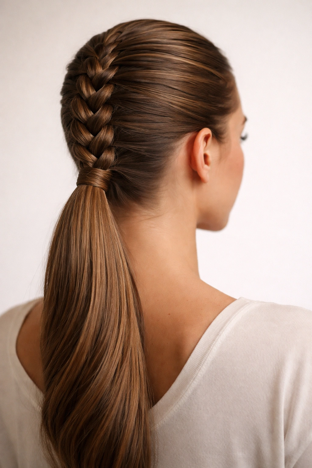 Raised Dutch braid leading into a sleek low ponytail with pronounced texture