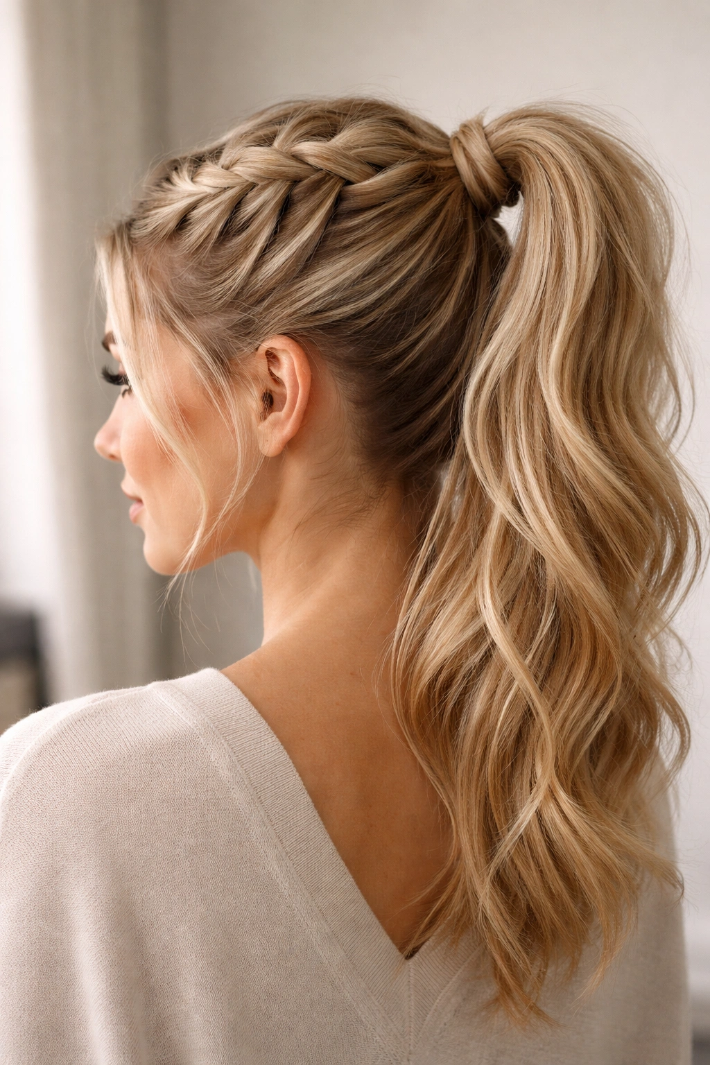 Dutch braid transitioning into a ponytail with lifted crown