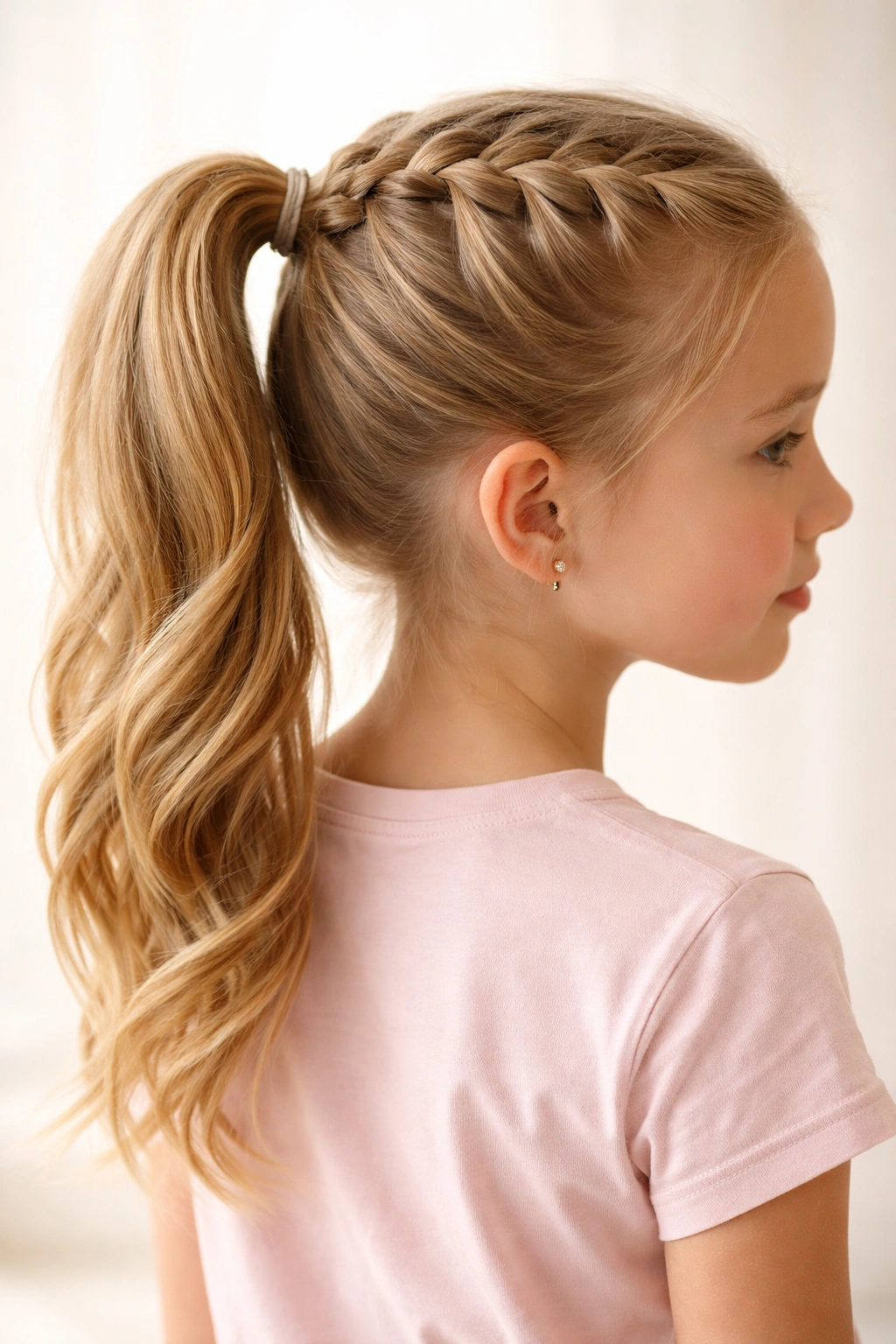 Close-up of a child's Dutch braid ponytail showing raised, 3D braid.