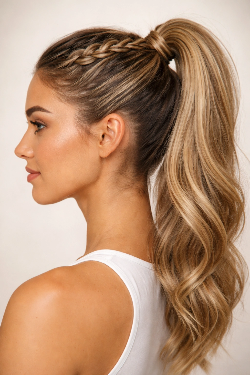 Side profile of a head showing a Dutch braid integrated into a high ponytail