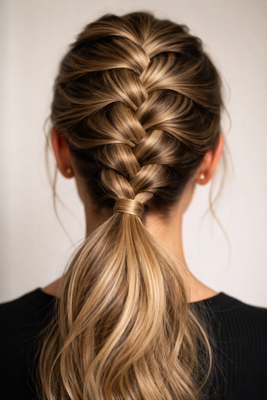 Dutch braid ending in a ponytail with a bold three-dimensional texture