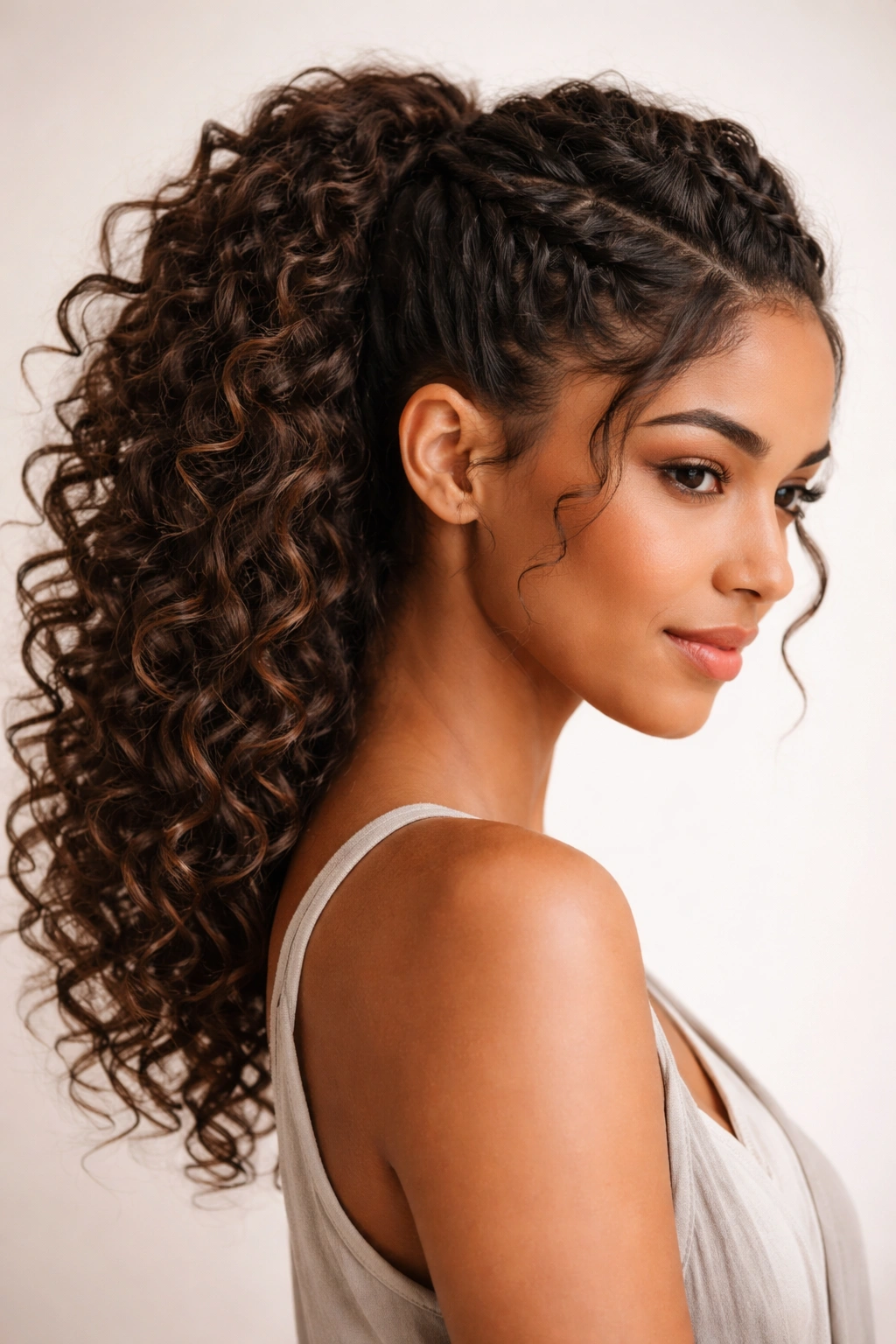 Close-up of a Dutch braided ponytail on curly hair, with texture and subtle curls peeking through.