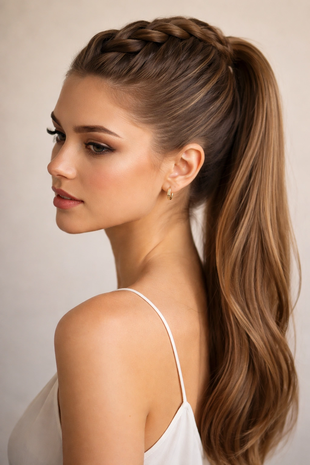 Close-up of a bold Dutch braid sitting on top of straight hair, culminating in a polished ponytail