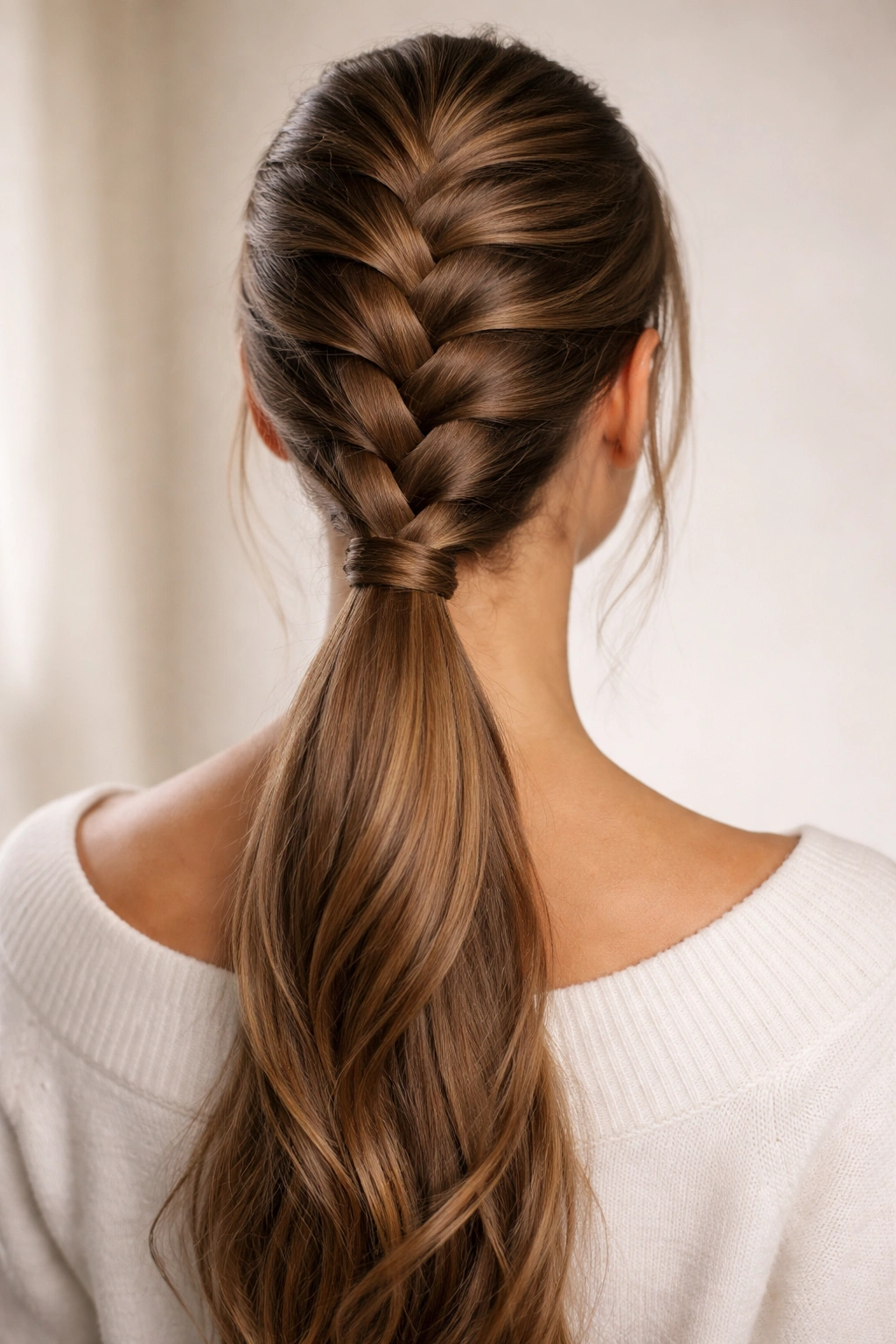 Back view of Dutch braid transitioning into a low ponytail with raised texture