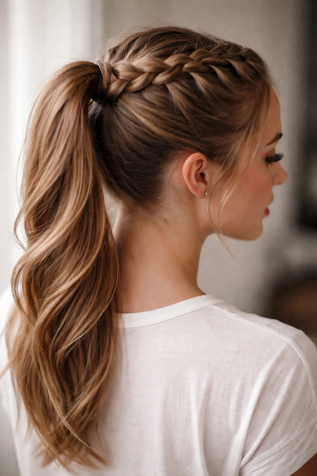 Crown Dutch braid transitioning into a neat ponytail with textured braid on top.