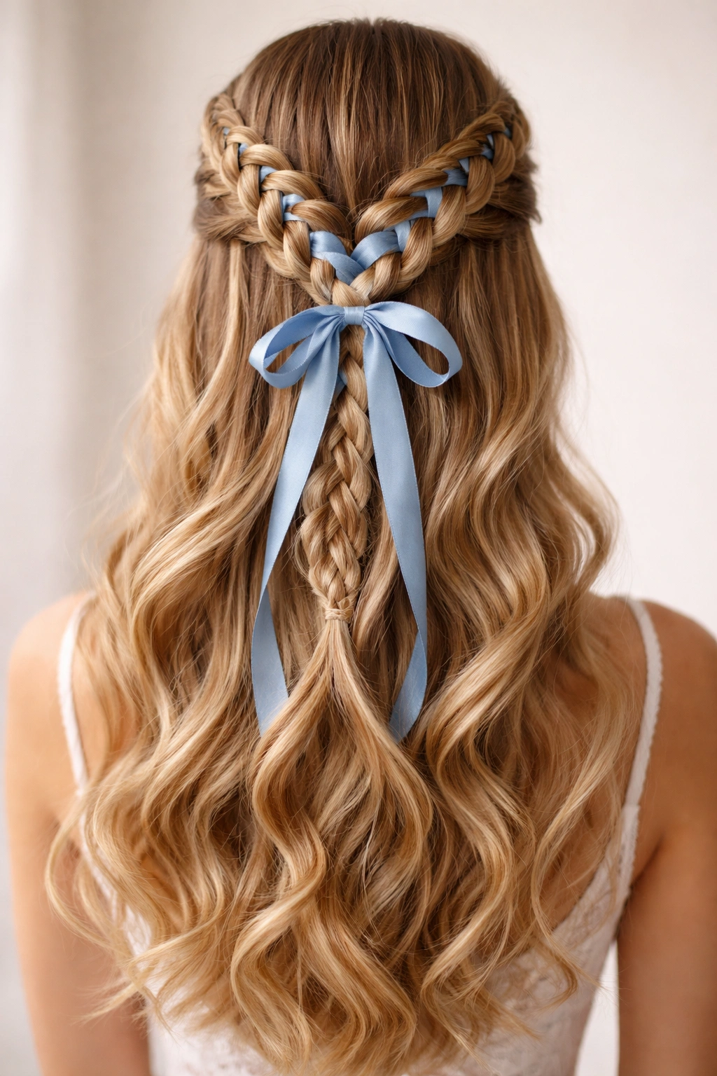 Back view of Dutch braids with a contrasting ribbon woven through for a bold bridal look