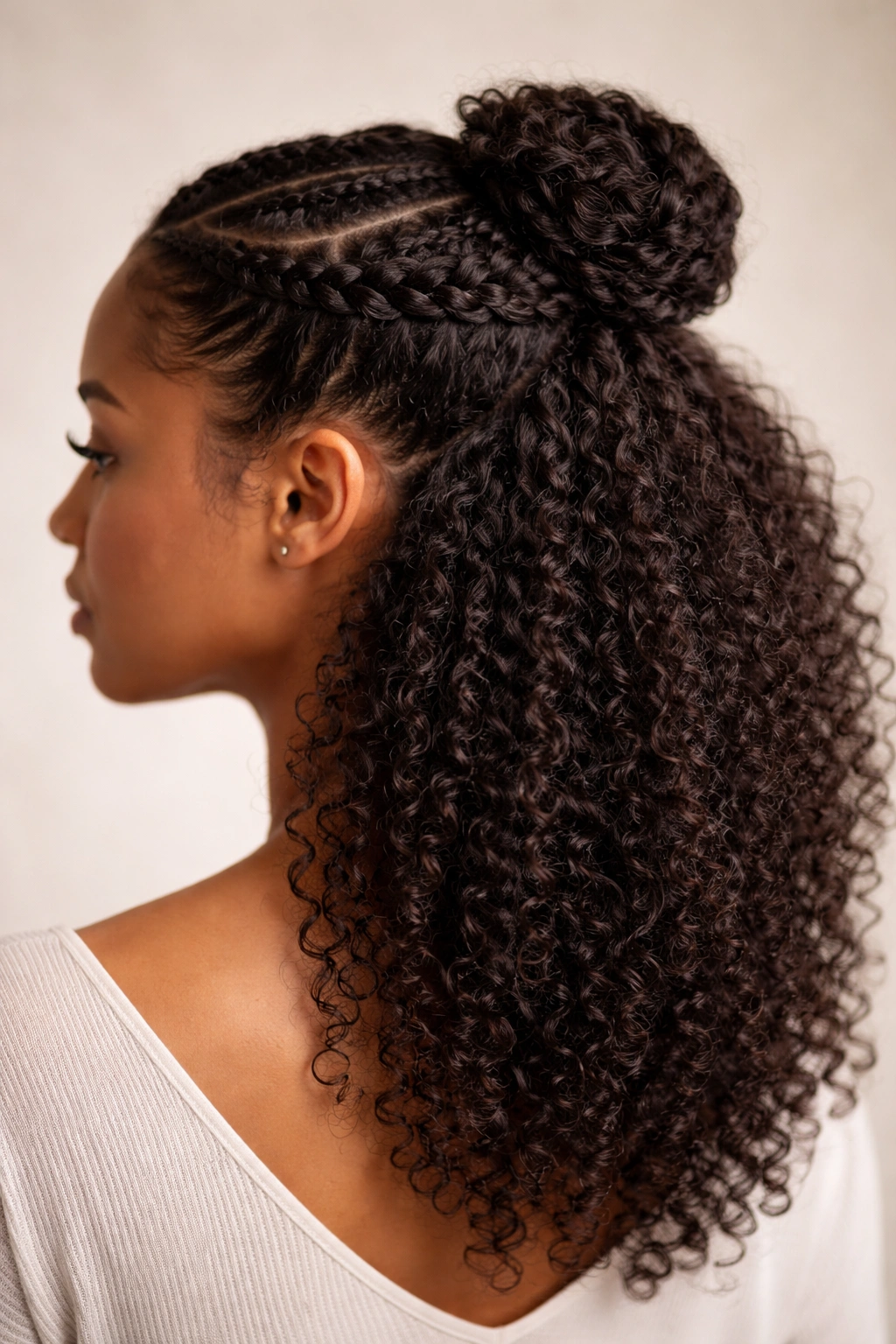 Dutch braids into bun half up hairstyle on textured hair