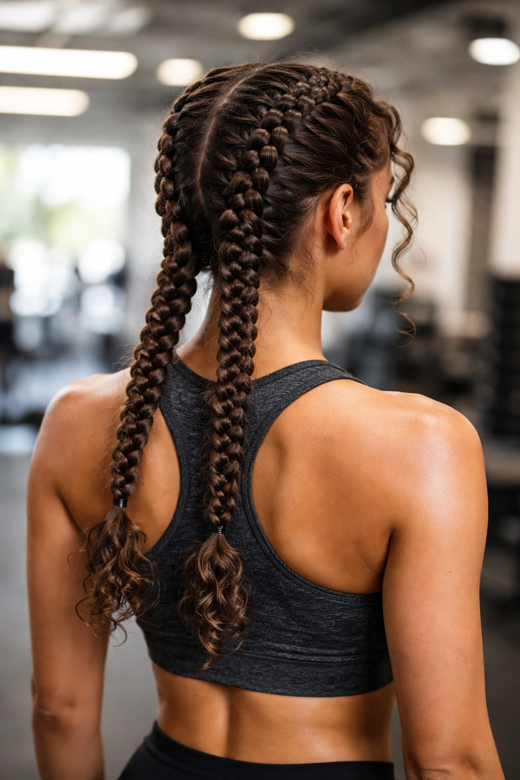 Two Dutch braids from roots to tips securing curly hair