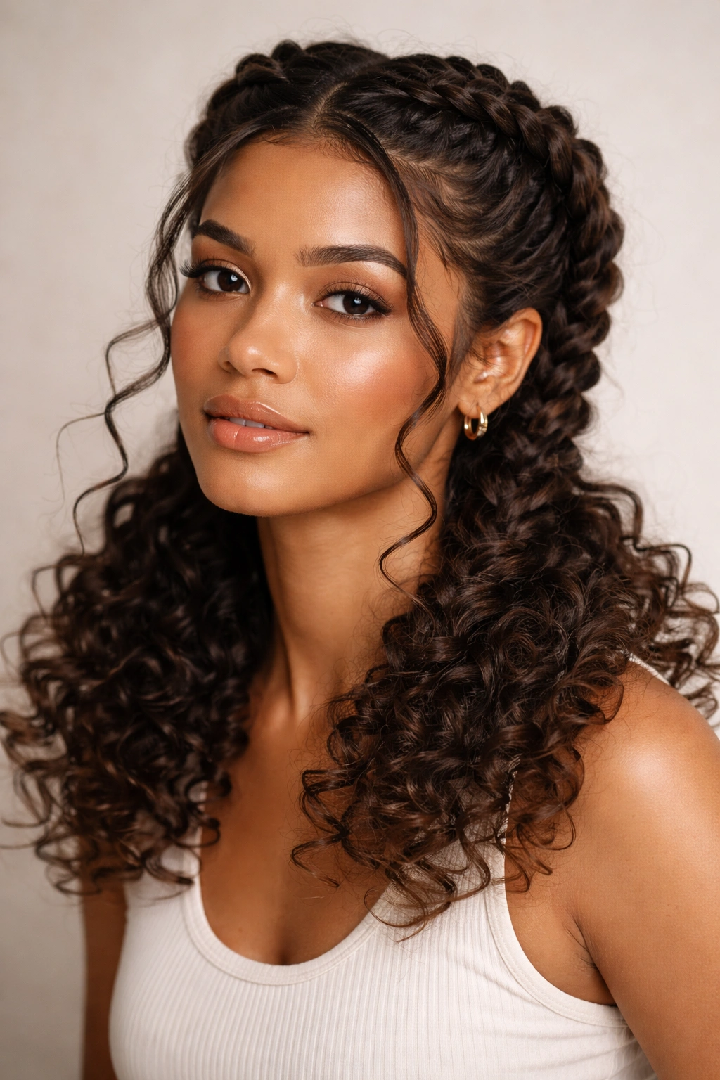 Dutch braids with loose ends releasing into curls