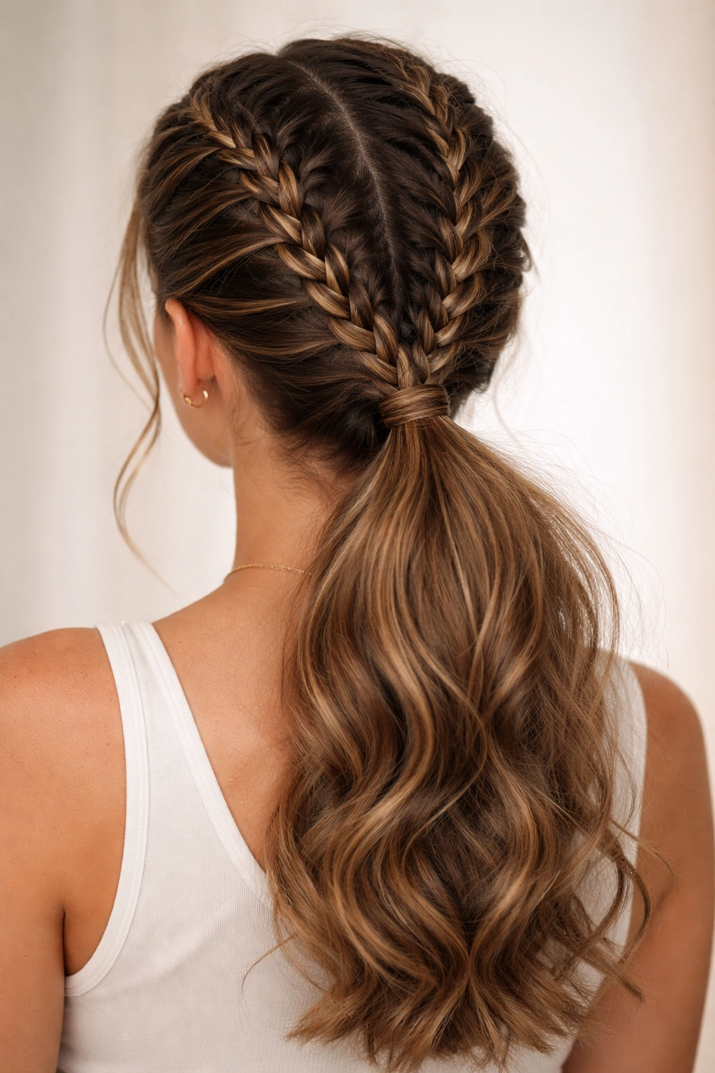 Dual Dutch braids forming a sleek low ponytail with smooth, frizz-free crown