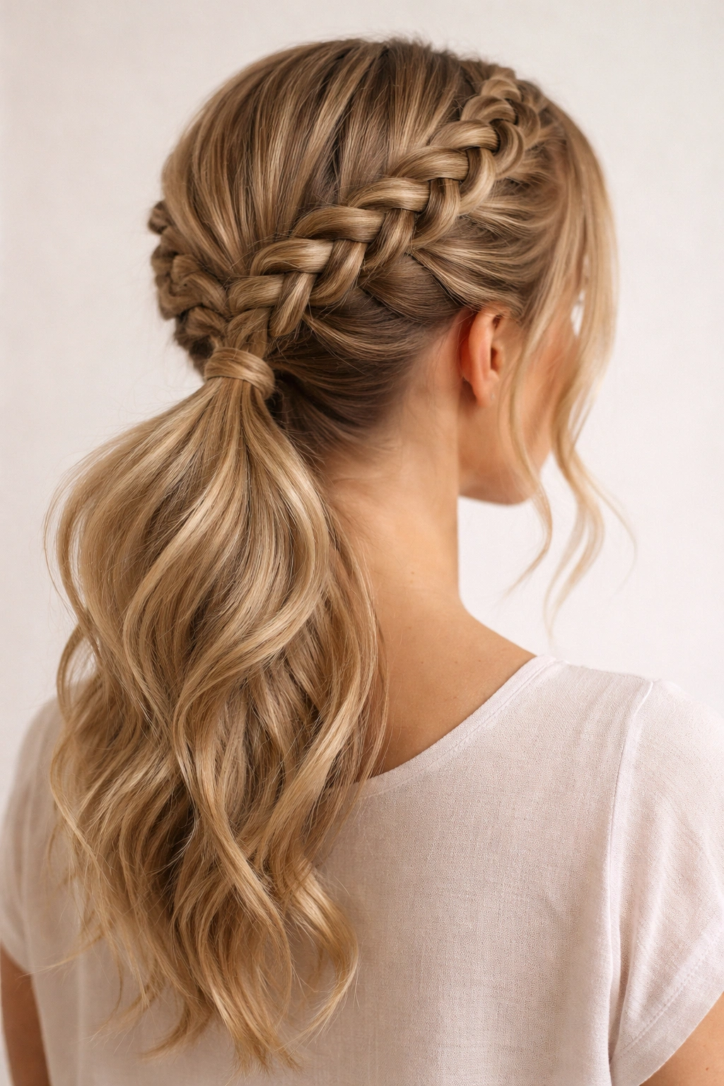 Dutch braid crown framing head flowing into low ponytail