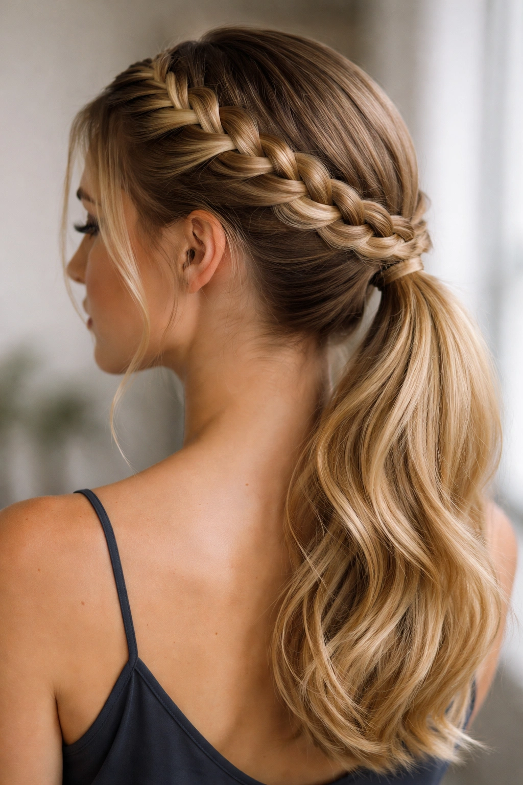Dutch braid crown around head ending in a low ponytail