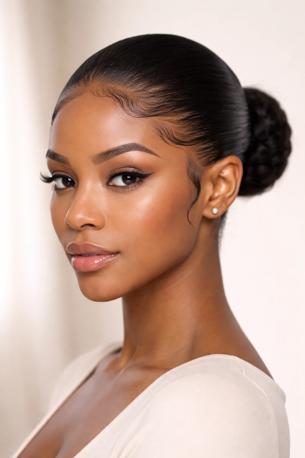 Front view of a sleek bun with smooth laid edges