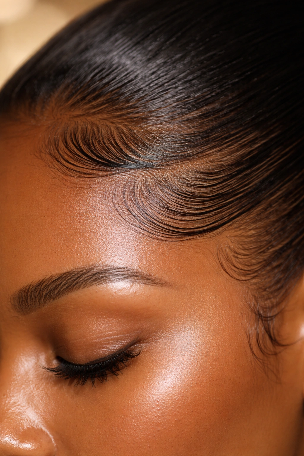 Extreme close-up of a hairline with smooth, shiny edges on textured hair