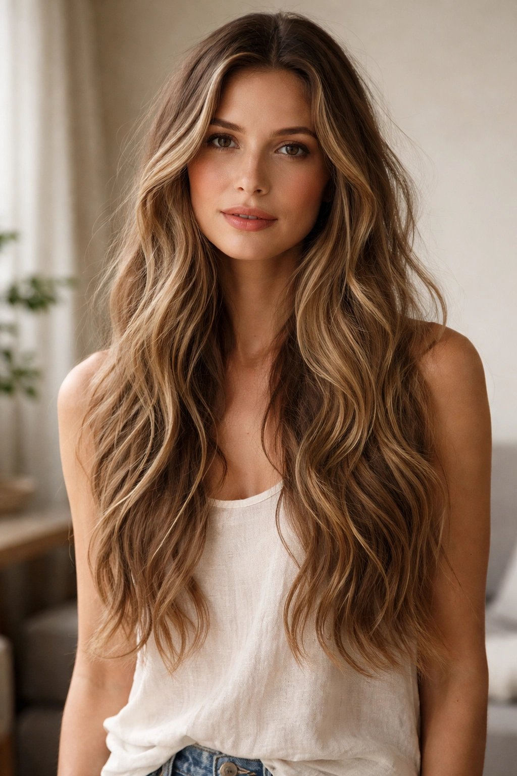 Model with effortless long waves and minimal styling in natural light