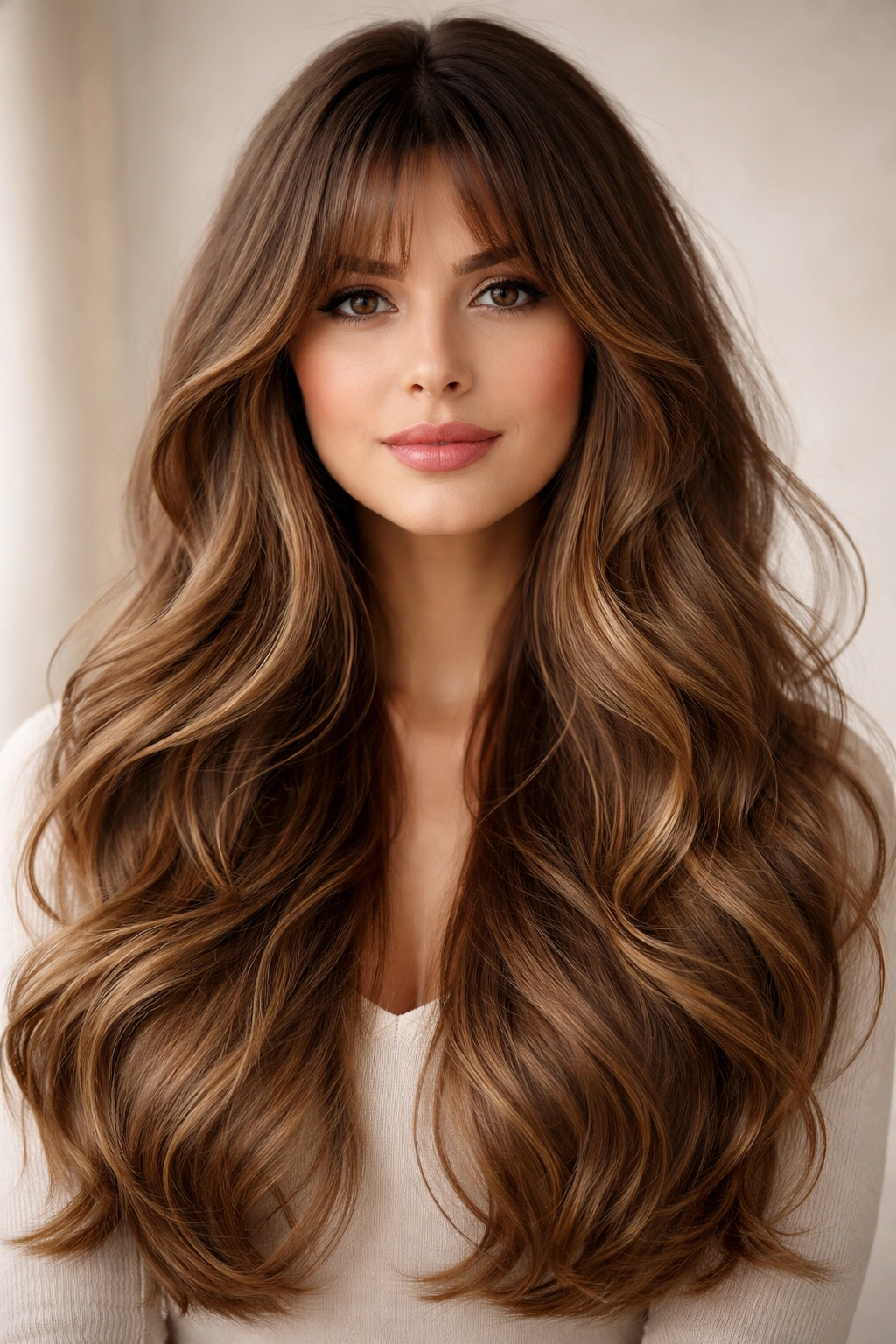 Model with long wavy hair and curtain bangs, showcasing one versatile option