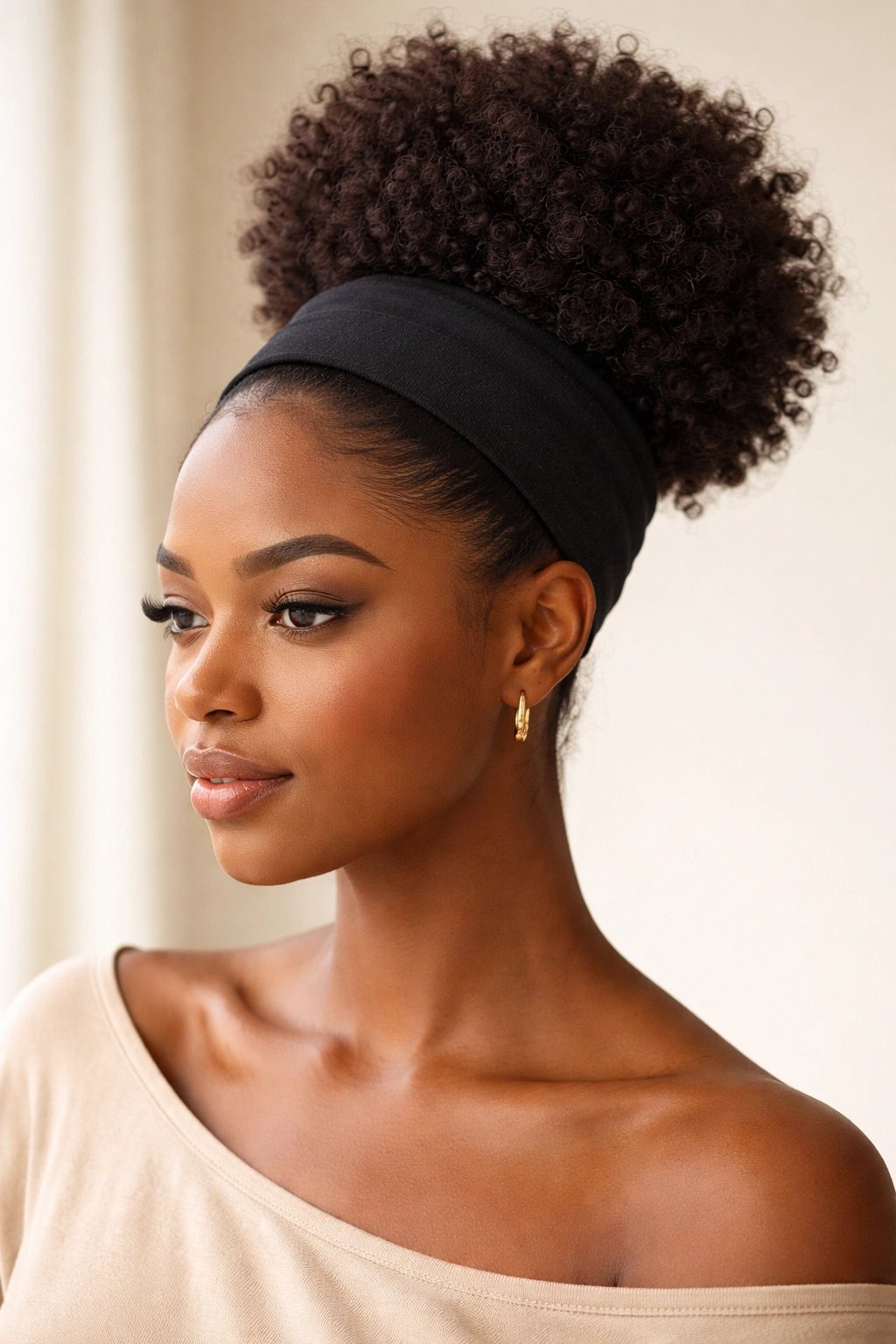 Afro hair updo secured with elastic headband, protective and polished.
