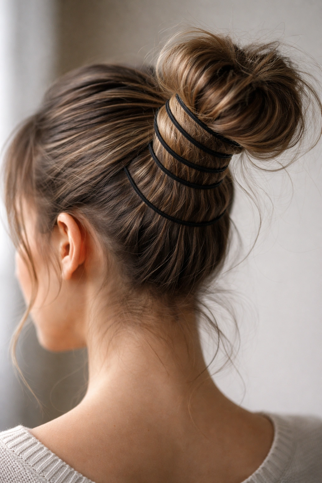 Close-up of elastic-wrapped bun showing multiple bands around a ponytail
